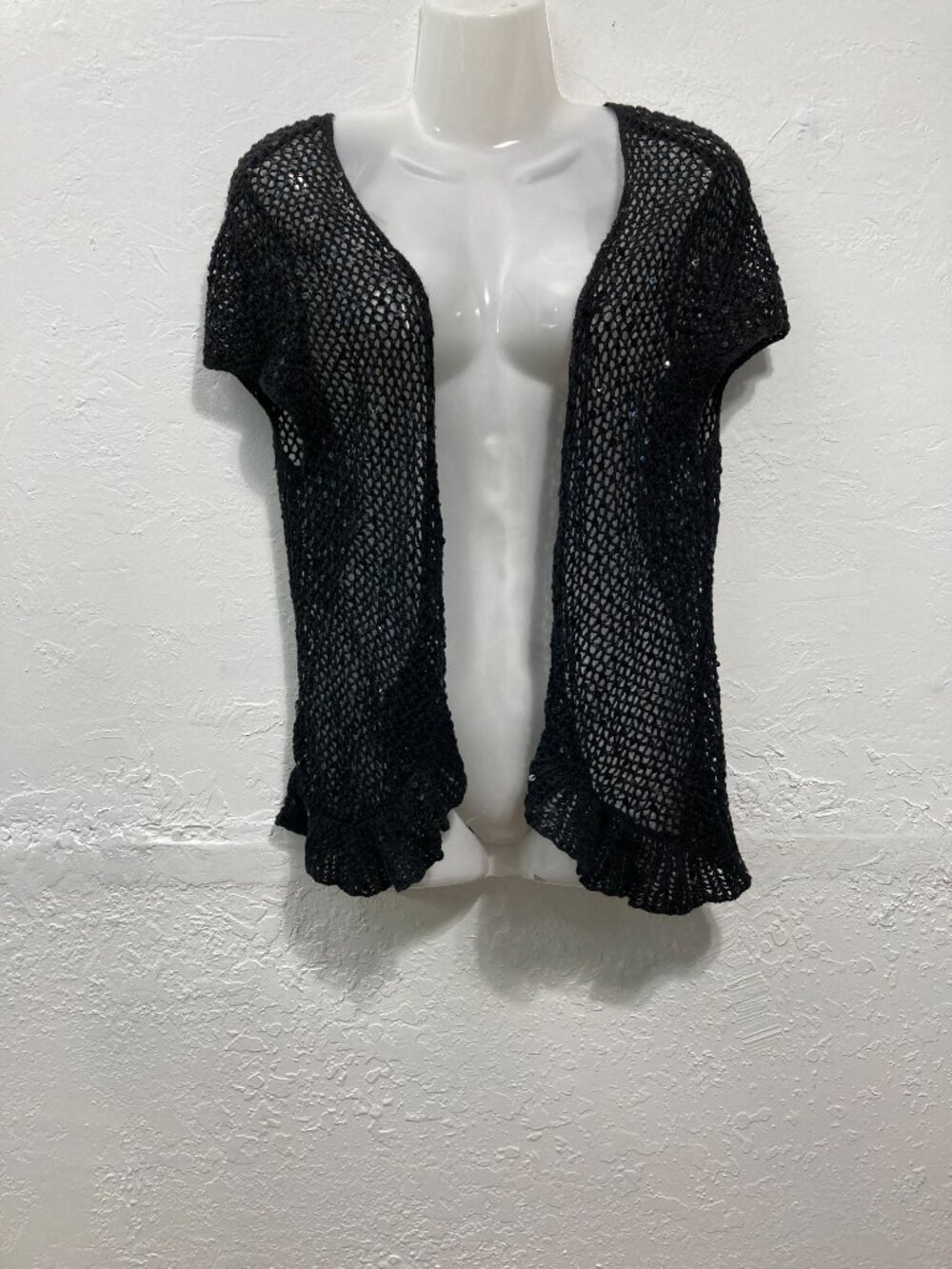 VTG Y2K Faded Glory Fishnet Knit Cardigan Fairy Grunge Ruffle Black XL 16-18
